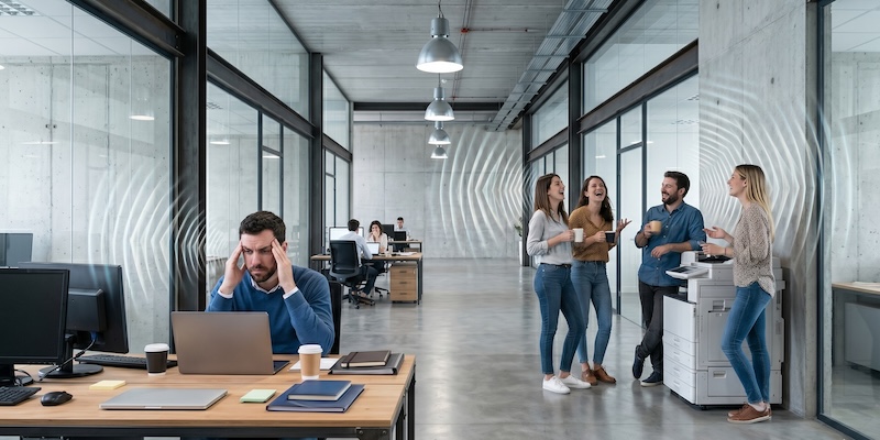 bureau open space avec matériaux béton et verre favorisant la réverbération sonore