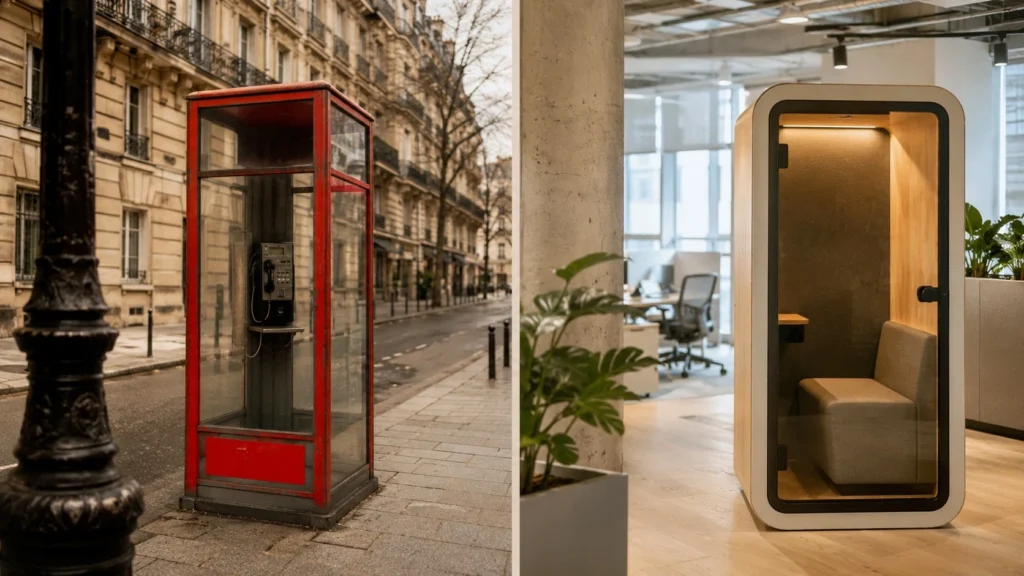 Cabine téléphonique de rue d'hier et phone box acoustique de bureau aujourd'hui